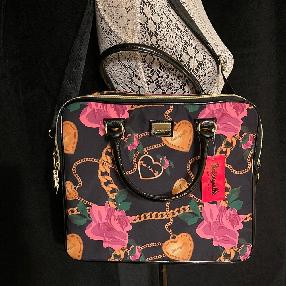 Betsey Johnson Black and Pink Floral Laptop Bag